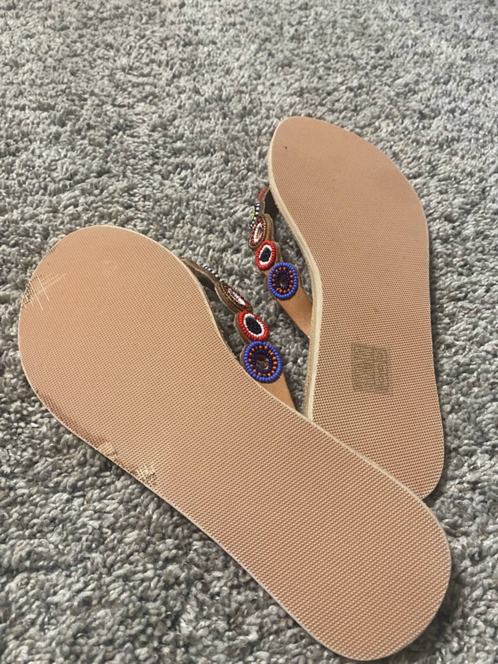 Anthropologie Tan Beaded Thong Sandals with Multicolor Accents - Picture 3 of 4
